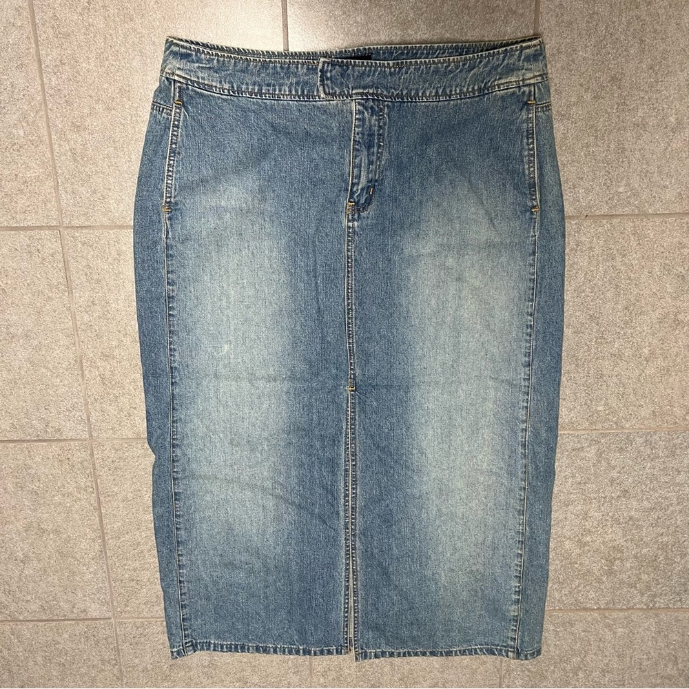 Y2K NY Jeans Long Maxi Denim Blue Straight Skirt Front Slit 16